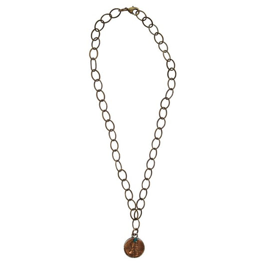 Good Luck Penny on 18" Brass Link Necklace with Turquoise Nugget - Our Nation's Creations